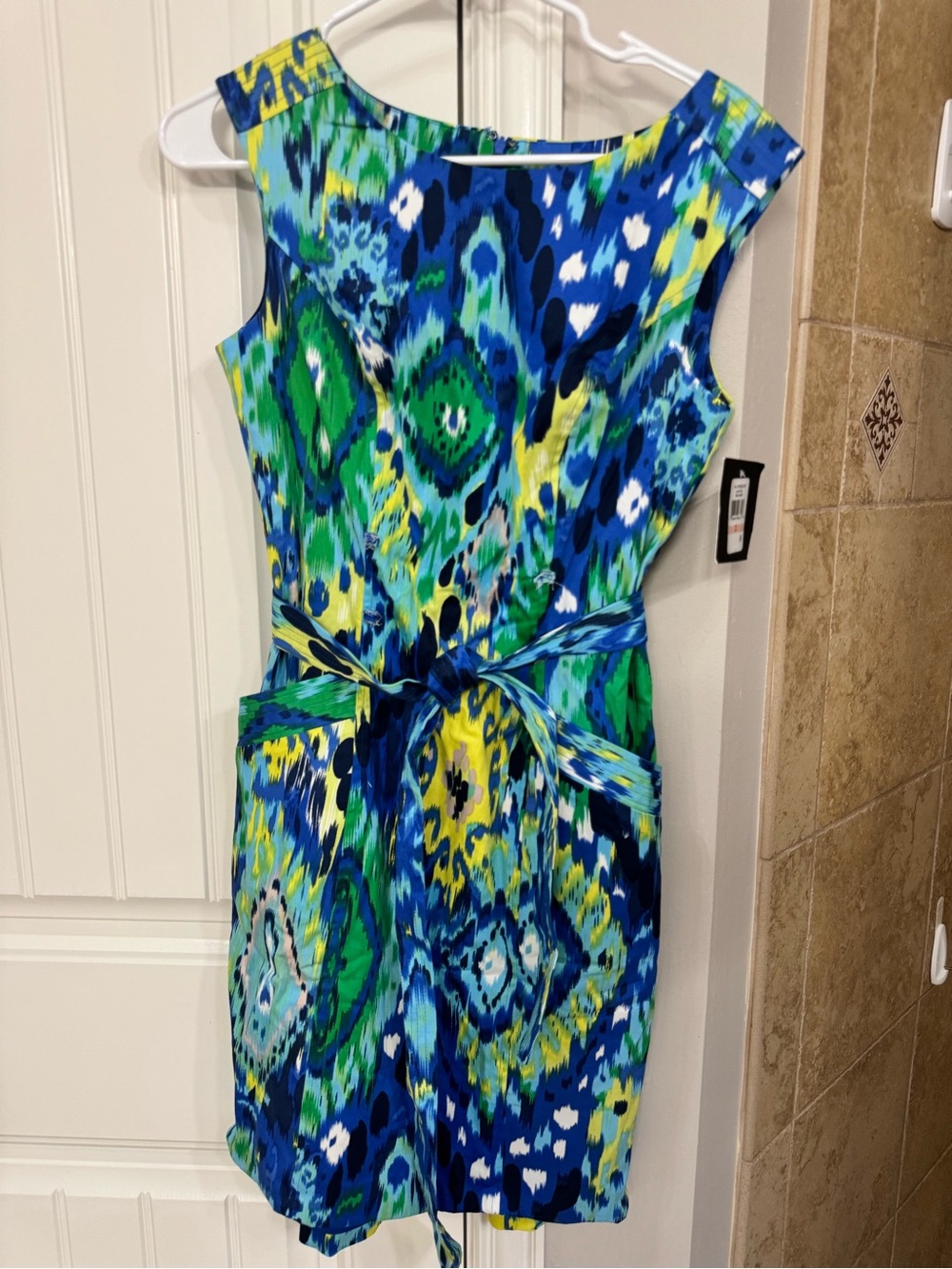 Ellen Tracy Blue, Green & Yellow Printed Tie-Waist Mini Dress